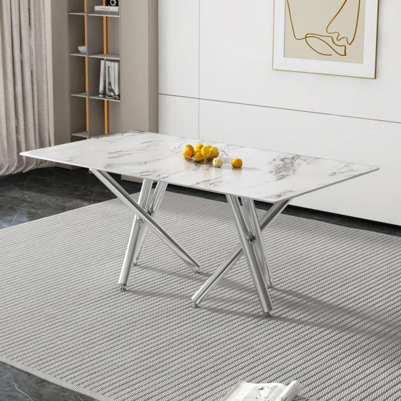 71'' Rectangular Marble Top Dining Table with Chrome Cross Legs