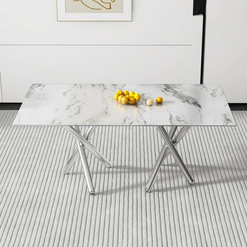 71'' Rectangular Marble Top Dining Table with Chrome Cross Legs