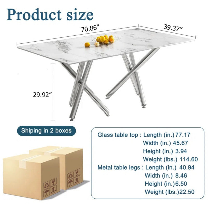 71'' Rectangular Marble Top Dining Table with Chrome Cross Legs
