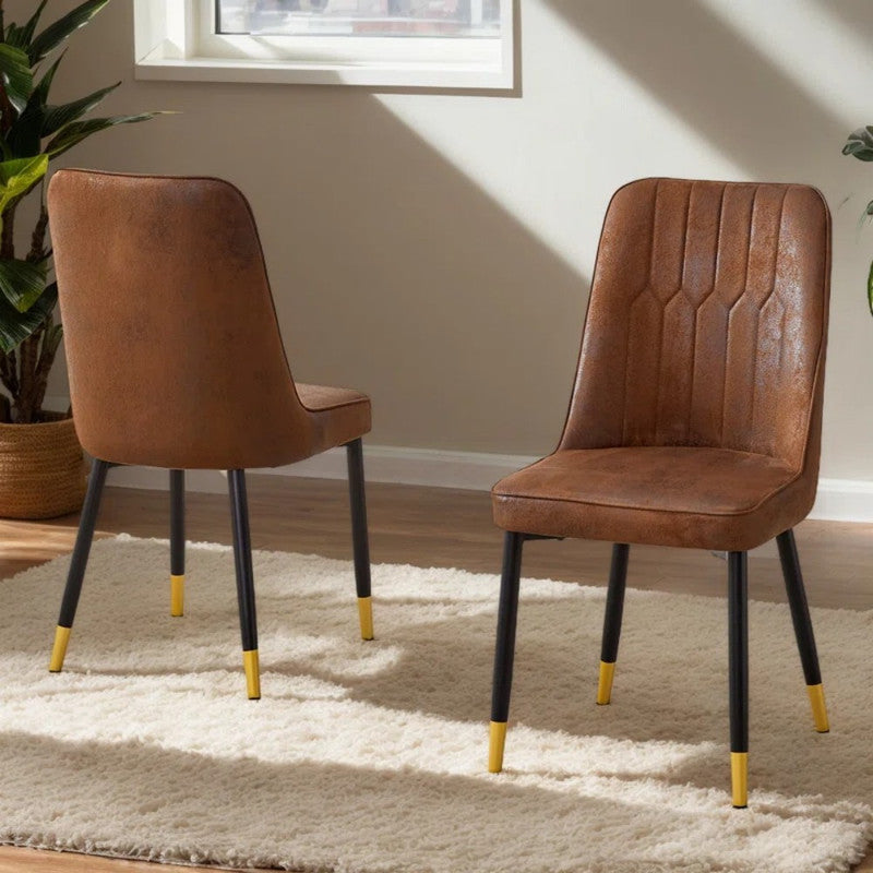 Mid-Century Modern Elegant Brown Suede-Like Velvet Dining Chair Set With Black Metal Legs (Set of 2)