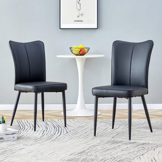 Black Dining Chairs Set of 2, Modern PU Leather Dinner Chair with Back Metal Legs