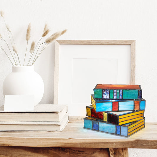 5.75''H Multi-Colored Book Stack Stained Glass Accent Lamp
